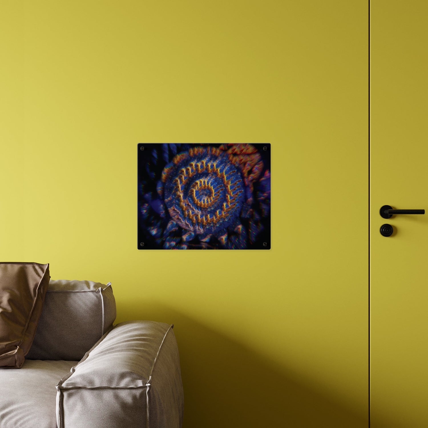 High-contrast orange and blue Pillars of Creation spiral glitch art printed on acrylic.